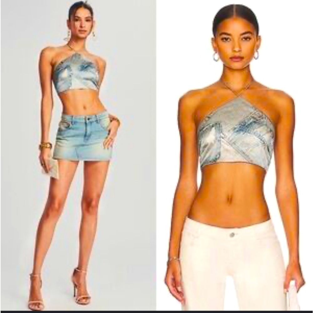 Retrofete Blue Silver Metallic Halter Crop Top